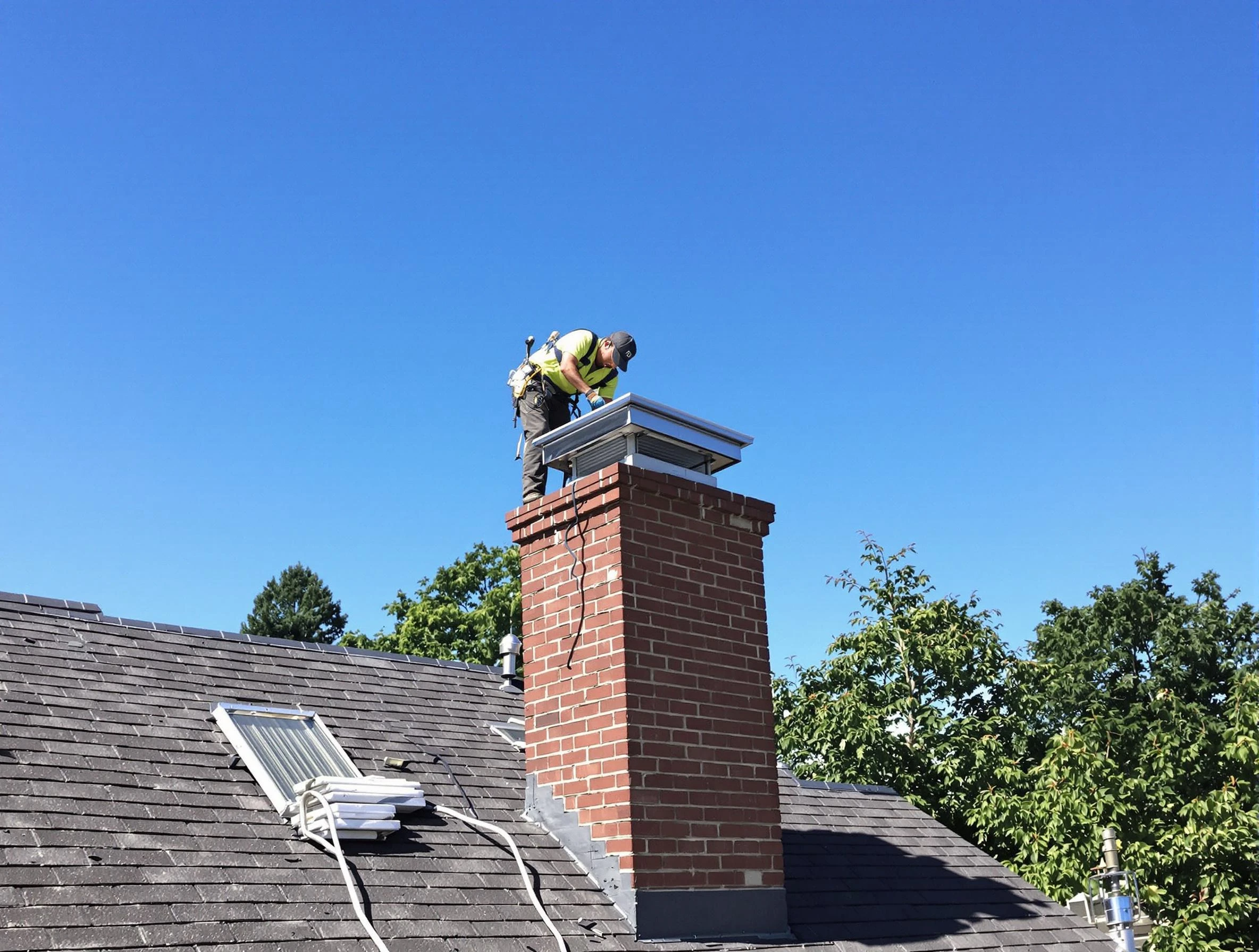 Arlington Chimney Sweep technician measuring a chimney cap in Arlington, MA