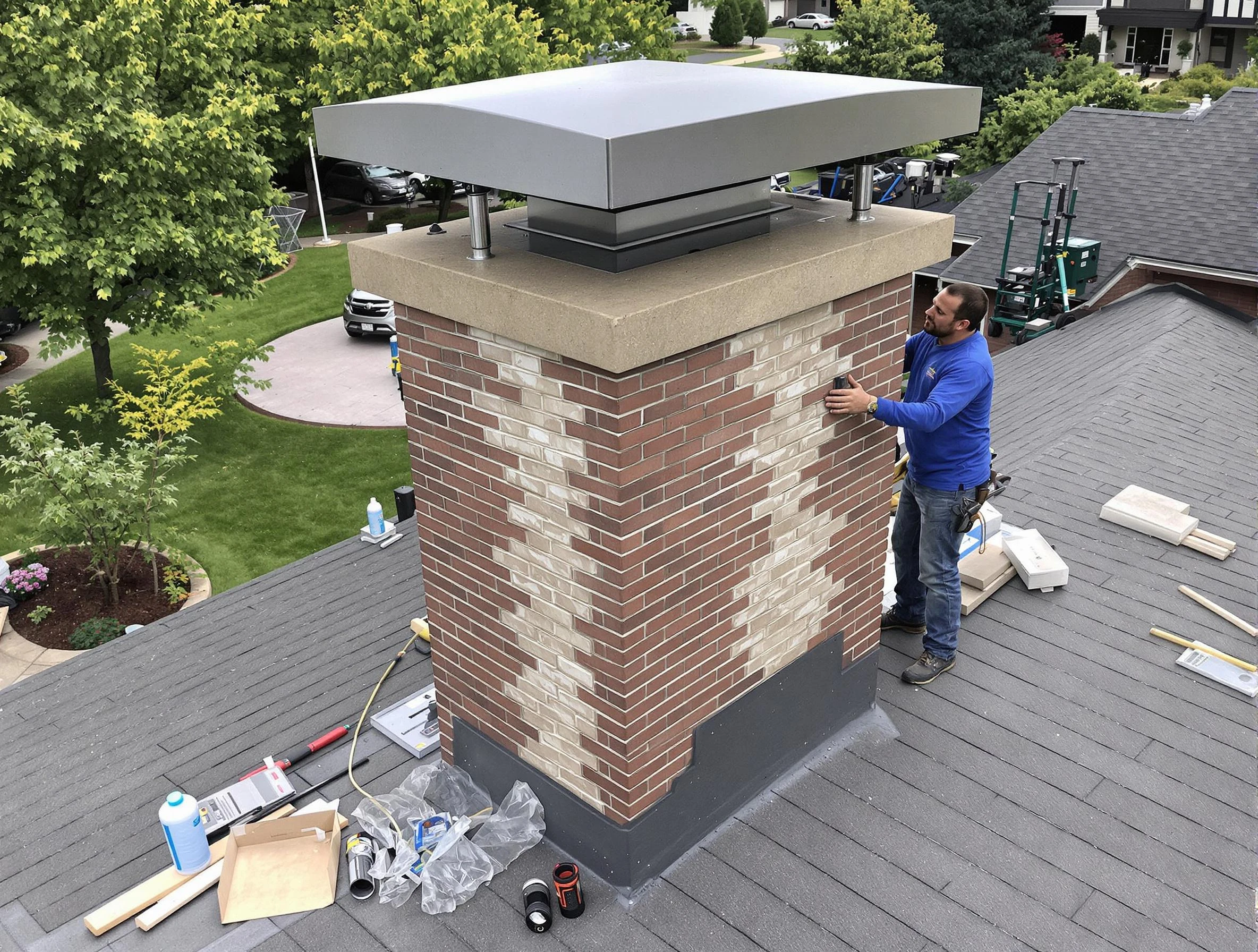 Arlington Chimney Sweep team working on a custom chimney remodel in Arlington, MA