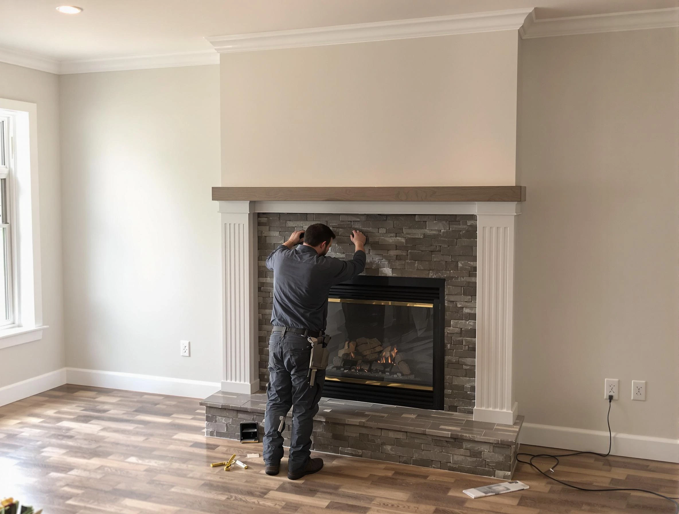 Arlington Chimney Sweep finishing a custom fireplace install in Arlington, MA